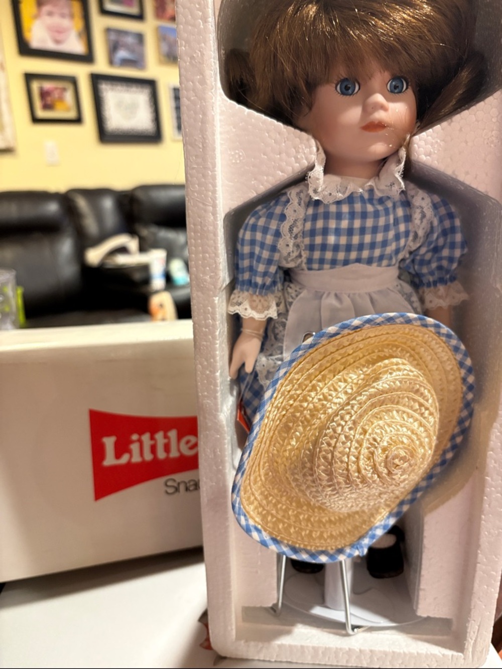 Blue Gingham Porcelain Doll with Straw Hat
